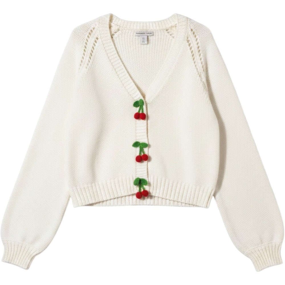 Sincerely Jules Chunky Knit Cherry Button Up Cropped Cardigan White Large